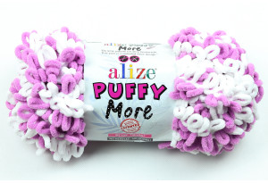 Пряжа Alize Puffy More, #6283, белая с лиловым