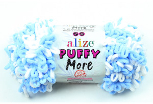 Пряжа Alize Puffy More, #6266, белая с голубым