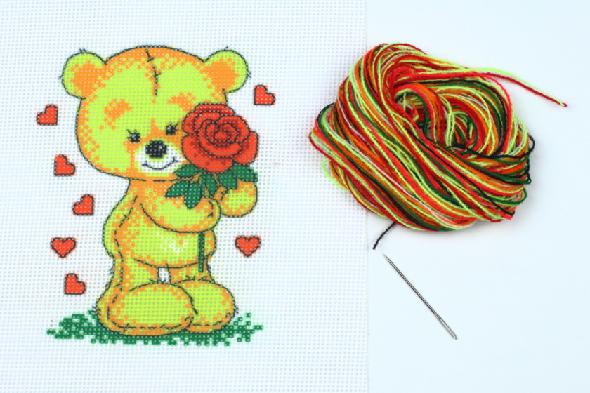 Набір для вишивки нитками, A5-002, Ведмедик з трояндой